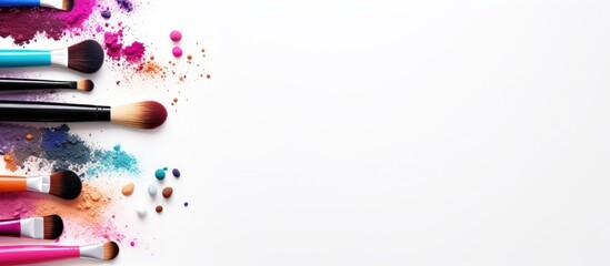 A collection of high quality cosmetic products and makeup tools displayed on a white background providing ample space for text This captivating image encompasses beauty fashion party and shopping the