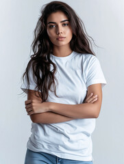Fototapeta premium A beautiful woman in jeans and white t - shirt.