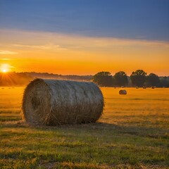 A haystack lies in a field at sunset