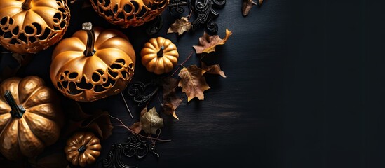 A luxury black and gold pumpkin flat lay with Halloween theme creates a visually appealing and captivating composition for a copy space image