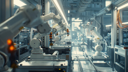 high-tech factory floor with rows of robotic arms working in unison on an assembly line. The scene showcases automation, industrial robots, and advanced manufacturing processes