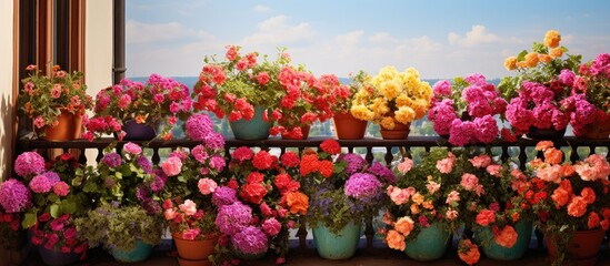 A vibrant assortment of flowers adorning a balcony wall providing ample room for a copy space image