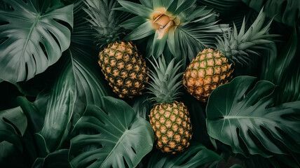Fototapeta premium Close-up of fresh pineapples captured with their intense green hues and shiny texture. Summer fruit