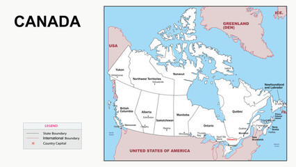 Canada Map. State and district map of Canada. Administrative map of Canada with district and capital in white color.
