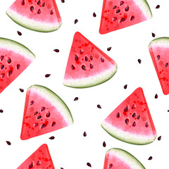 Seamless pattern with vector slices of red ripe watermelon and seeds.Watercolor illustration for summer design