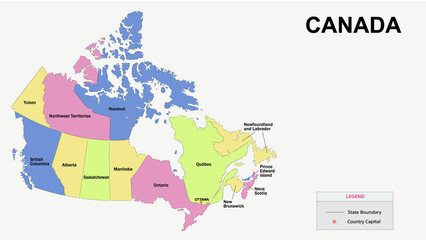 Obraz premium Canada Map. State and district map of Canada. Detailed colourful map of Canada.