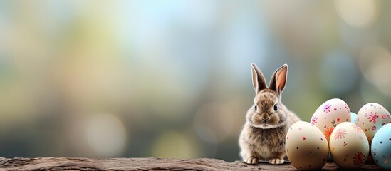 Happy Easter background with a charming wooden Easter bunny and eggs decoration providing a beautiful copy space image