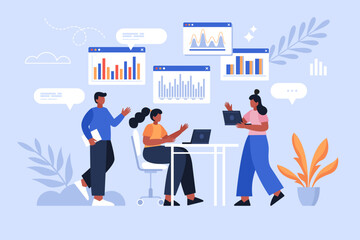 Obraz premium Teamwork and data analysis business concept. Modern vector illustration of people working on business project and marketing strategy