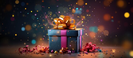 A colorful gift box bursting with party decorations set against a celebratory background is a...