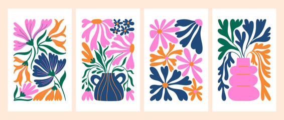 Modern wall art print set. Abstract summer blooming flowers. Hand drawn template, greeting card or poster design