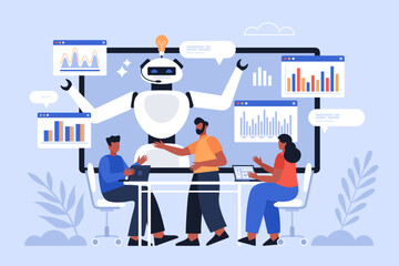 Artificial intelligence tool for future trends analysis business concept. Modern vector illustration of people using AI technology for machine learning and improvement