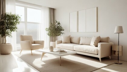 Modern Minimalist Living Room: Clean and Contemporary Design with Beige-White Sofa in Daylight