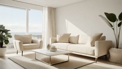 Modern Minimalist Living Room: Clean and Contemporary Design with Beige-White Sofa in Daylight