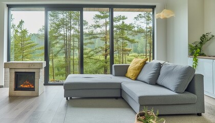 Grey Corner Sofa by the Fireplace with Panoramic Forest View: A Mid-Century Minimalist Living Room"