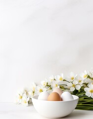 easter eggs and flowers on a white background, easter concept