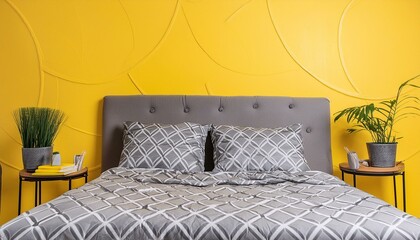 Sleek Grey Bed Against a Vibrant Yellow Wall: Modern Minimalist Scandinavian Bedroom Design"