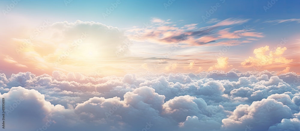 Sticker A captivating cloudscape with ornamental clouds and a dramatic sky illuminated by soft sunlight This panoramic image provides a perfect texture and background for graphic resources design or copy spa