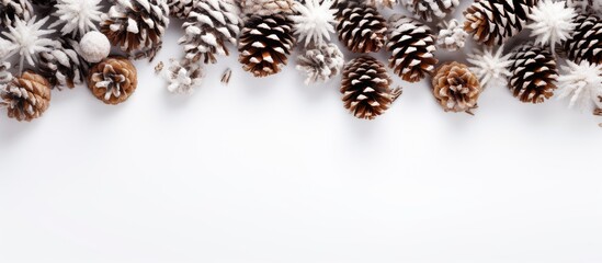An isolated white background with a top view frame showcasing festive Christmas pinecones covered in snow and ample copy space