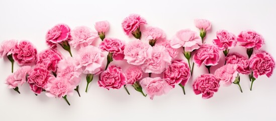 A copy space image displaying pink carnations on a white background captured in a panoramic photograph