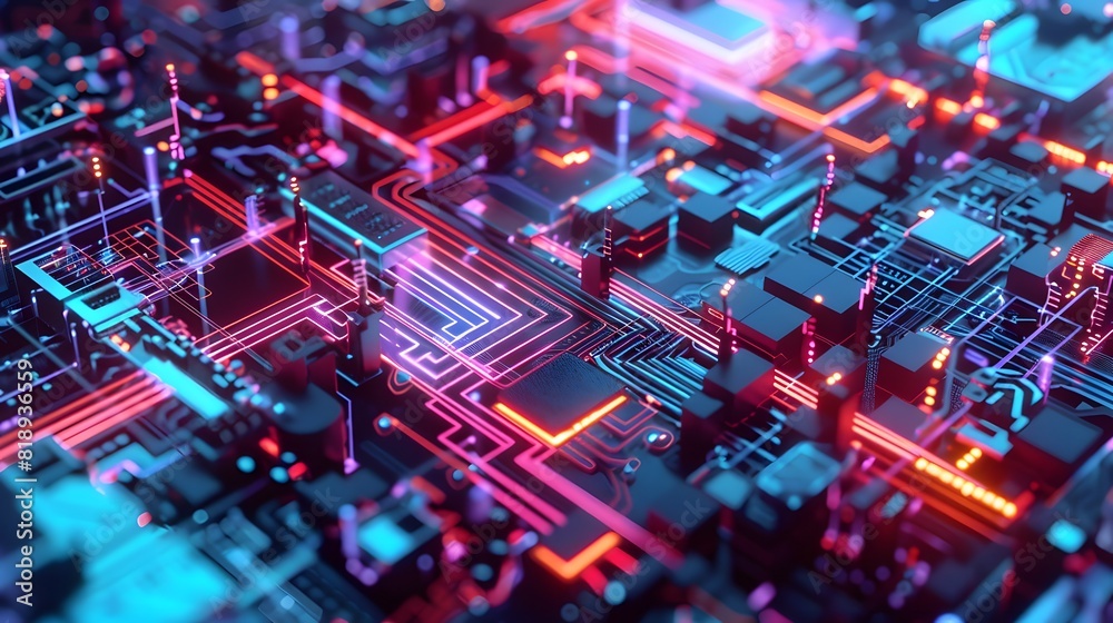 Poster : a high-tech quantum circuit with multiple qubits and gates, showcasing the flow of quantum informa