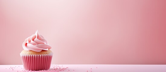 Pink background with a cupcake topper for a girl at a baby shower leaving room for text in the image. Copyspace image