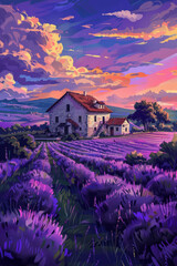 A solitary purple-painted house stands amidst vast fields, capturing a sense of isolation and tranquility.

