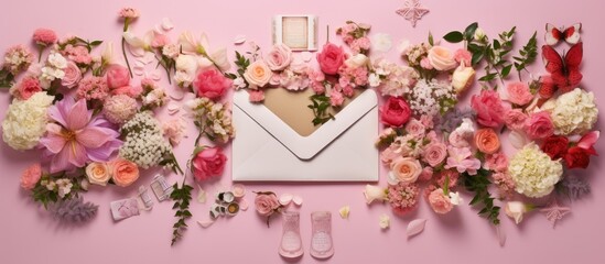 Top view of a flat lay image featuring decorative letter envelopes with messages on eco friendly pink paper The background showcases a vibrant arrangement of wedding invitation cards adorned with col