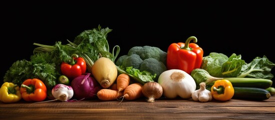 An assortment of fresh organic vegetables from a farmers market is displayed on a wooden table creating an appealing copy space image It promotes healthy vegetarian eating and highlights the variety