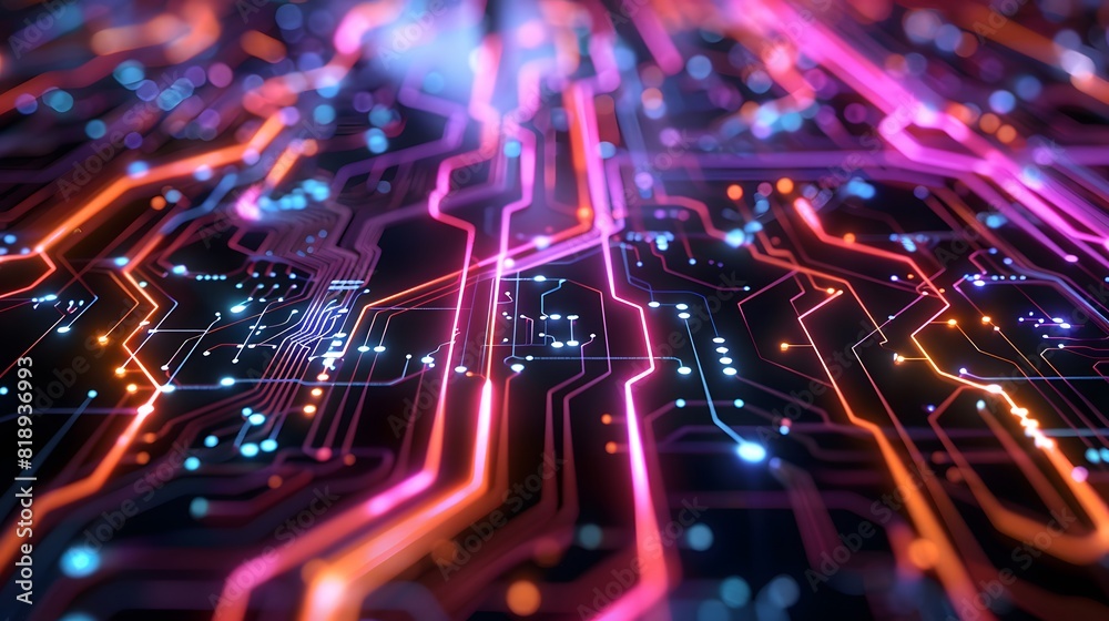 Poster : a high-tech quantum circuit with multiple qubits and gates, showcasing the flow of quantum informa