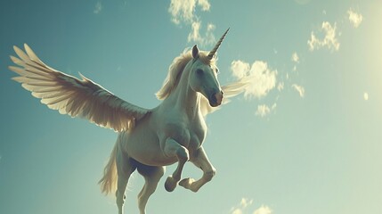 a winged unicorn with a long flowing mane and tail, flying in a cloudy sky.