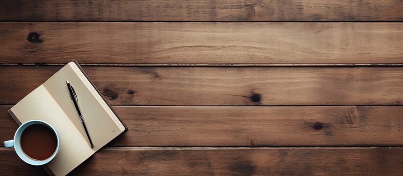 On a wooden table there is an empty book alongside a hot cup of coffee a pen and a smartphone The image provides copy space