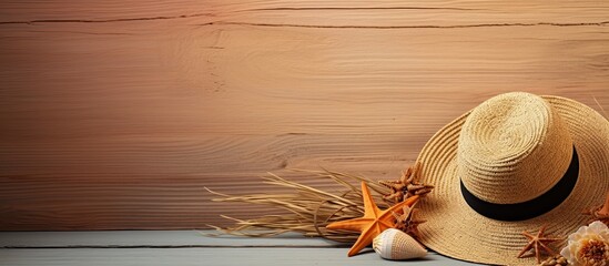 Wooden background with a photo including a straw hat seashells and copy space image available for text placement