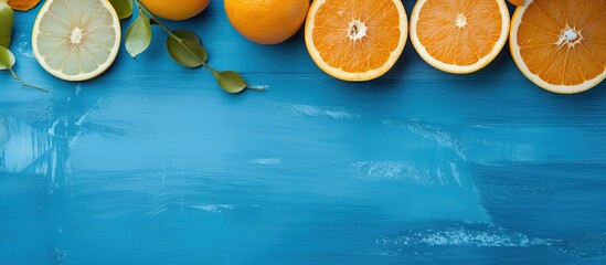 A top view of a blue kitchen table adorned with slices of fresh juicy oranges complete with pulp...