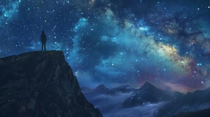 lone adventurer gazing at aweinspiring starry night sky from hilltop vantage point digital painting