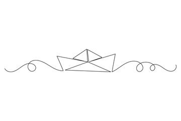 Line Art Paper Ship. Simple Outline Contour Drawing Paper Boat with Waves. Minimalist Nautical Design Sketch. Simple Continuous Line Doodle Illustrating Nautical Theme  Black Outline Line Ink.  