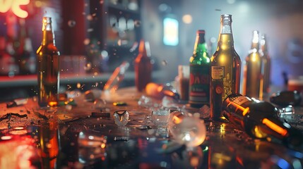 A collection of empty beer bottles and half-finished cocktails scattered on a table near the karaoke stage, capturing the essence of a lively night - Powered by Adobe