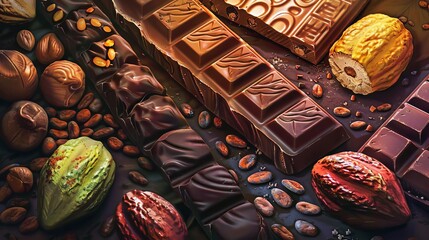 luxurious assortment of artisanal chocolates and cacao pods celebrating world chocolate day digital painting