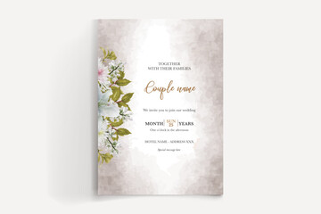WEDDING INVITATION FRAME WITH FLOWER DECORATIONS AND FRESH LEAVES