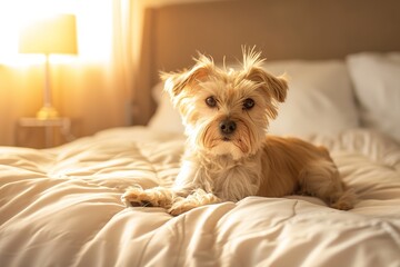 Warm sunset hues bathe small dog on cozy bed, eyes capturing tra