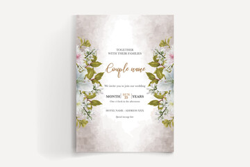 WEDDING INVITATION FRAME WITH FLOWER DECORATIONS AND FRESH LEAVES