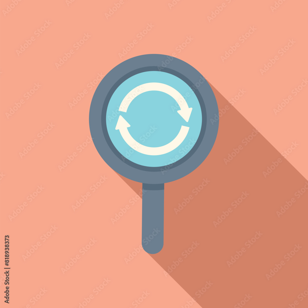 Poster flat design icon of a magnifying glass with a circular arrow representing search and refresh or loop