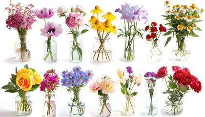 Collage with many beautiful flowers in glass vases on white background