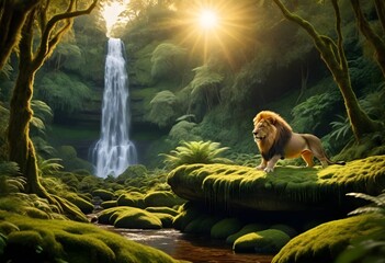 lion sitting by waterfall (265)