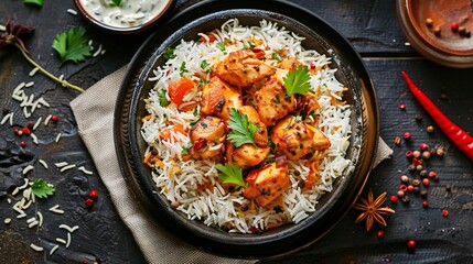  chicken biryani with rice and vegetables.