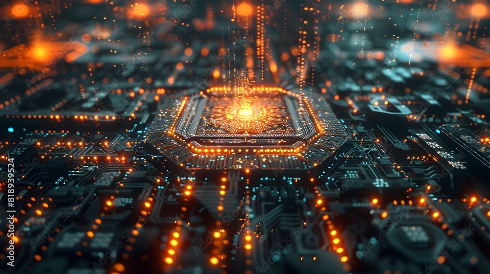 Poster an advanced quantum computer in a futuristic lab, performing complex computations with glowing, inte