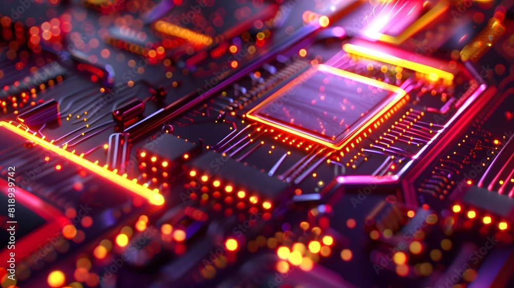 Poster a close-up of a futuristic processor chip with glowing qubits in superposition, representing states 