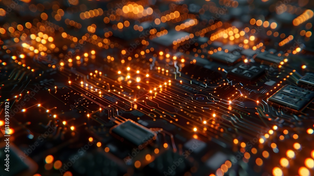 Poster a close-up of a futuristic processor chip with glowing qubits in superposition, representing states 