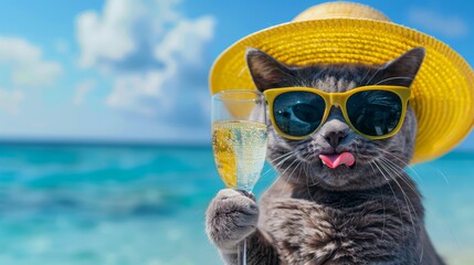 Cat Celebrating on Sunny Beach
