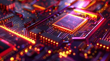 Obraz premium A close-up of a futuristic processor chip with glowing qubits in superposition, representing states of both 0 and 1 simultaneously, interconnected by delicate quantum pathways