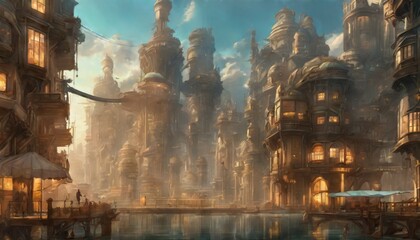 An enchanted cityscape with towering, intricate architecture reflects gently on calm waterways, evoking a sense of wonder in this captivating fantasy artwork.. AI Generation